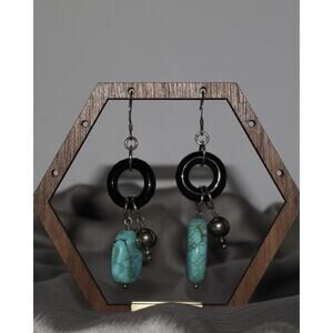 J&T Sterling Onyx & Turquoise Dangle Earrings 15.56G / 1.9in